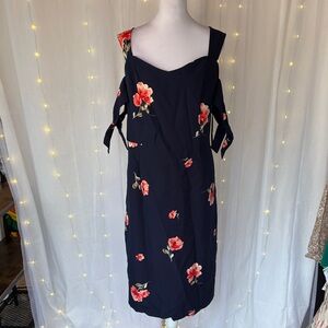 Ashley Graham Navy Midi Dress with Red Floral Print